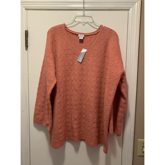 NWT Chico’s Vneck Pullover Drama Cable Knit Sweater Strawberry Blush Pink SZ XL - Picture 1 of 7